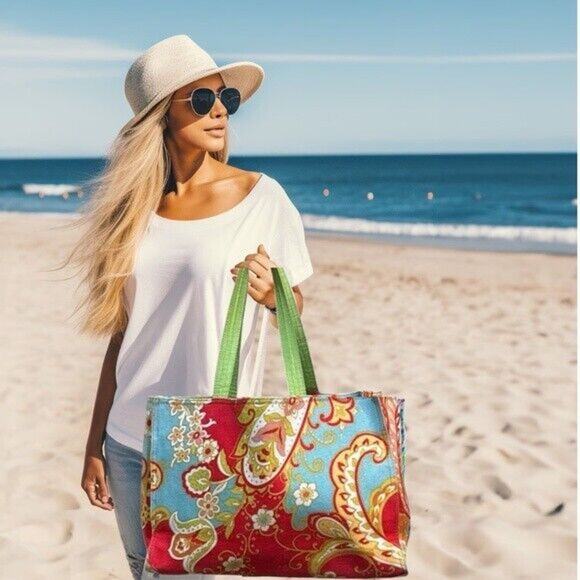 SPARTINA 449 Fiddlers Cove Market Tote Bag Linen Paisley Travel Handbag Shopping - Picture 2 of 14